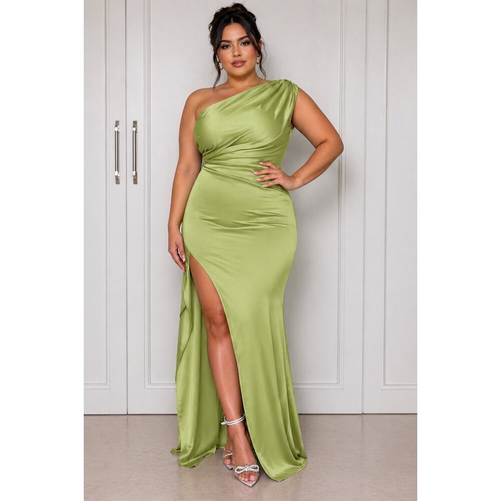 OYS Sexy one shoulder satin Lime Green formal dress side slit maxi Gown XL NWT